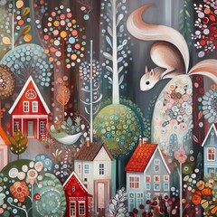 A drawing of a Swiss-style houses in a forest with a squirrel