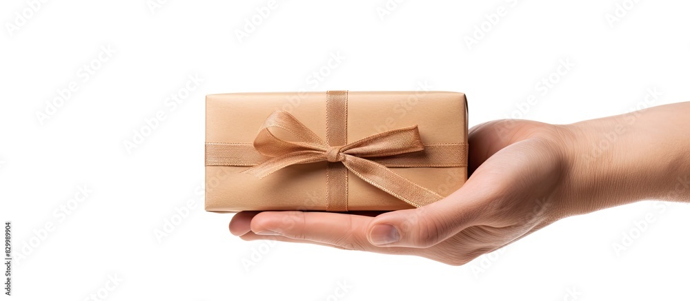 Poster A hand cradling a wooden gift box set against a white backdrop adorned with a clipping path for easy removal. with copy space image. Place for adding text or design