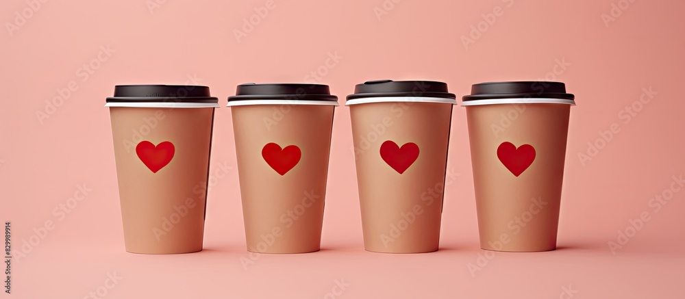Poster flat lay view of three brown craft cups with coffee or tea to go placed on a pastel pink background 