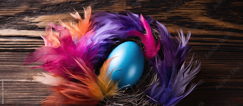 Poster A colorful Easter egg surrounded by feathers rests in a nest placed on a wooden background creating an appealing copy space image