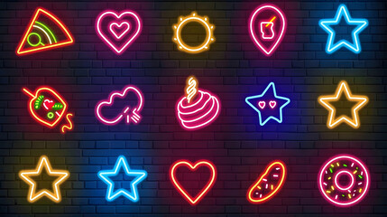 Pop art icons set. Pop art neon sign. Bright signboard, light banner. Neon isolated icon, emblem. Heart, diamond, pizza, smile, hand, ice cream, star, donut and unicorn vector neon ico. Generative AI.
