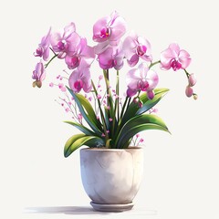 A beautiful pink orchid plant in a white pot, isolated on a white background.