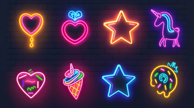 Pop art icons set. Pop art neon sign. Bright signboard, light banner. Neon isolated icon, emblem. Heart, diamond, pizza, smile, hand, ice cream, star, donut and unicorn vector neon ico. Generative AI.