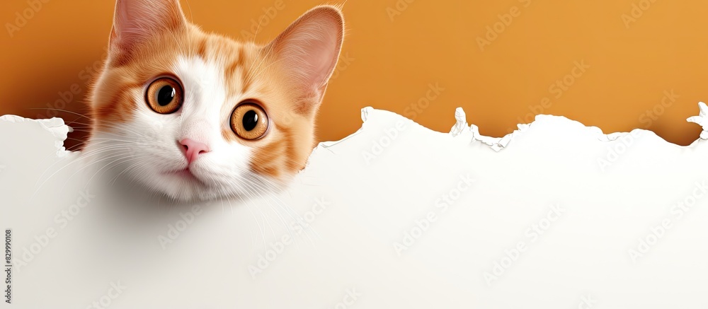 Poster A curious orange and white cat with a surprised expression peeks through a background featuring torn paper creating a sense of wonder Copy space image