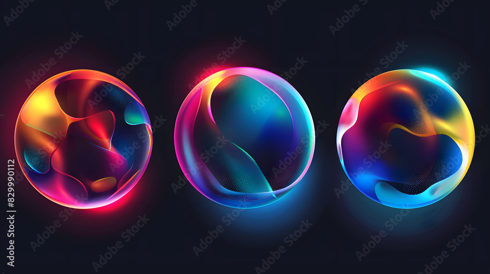 Wall mural poster collection with abstract colorful gradient sphere. glowing vibrant liquid gradient shape on d