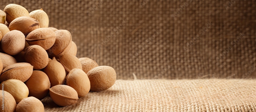 Poster A closeup image of Macadamia nuts can be seen on a burlap background representing healthy eating heart disease prevention and cosmetology The texture of the nuts adds to the copy space image 177 char
