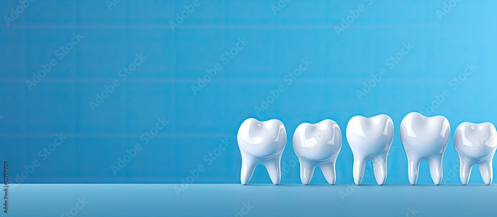 Poster A copy space image displaying three teeth positioned against a blue background with one tooth visibly affected by caries