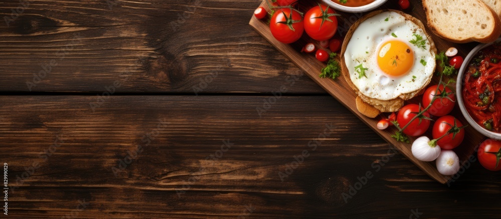 Poster A delicious breakfast spread with fried eggs and tomato toasts beautifully arranged on a rustic wooden cutting board creating an inviting copy space image