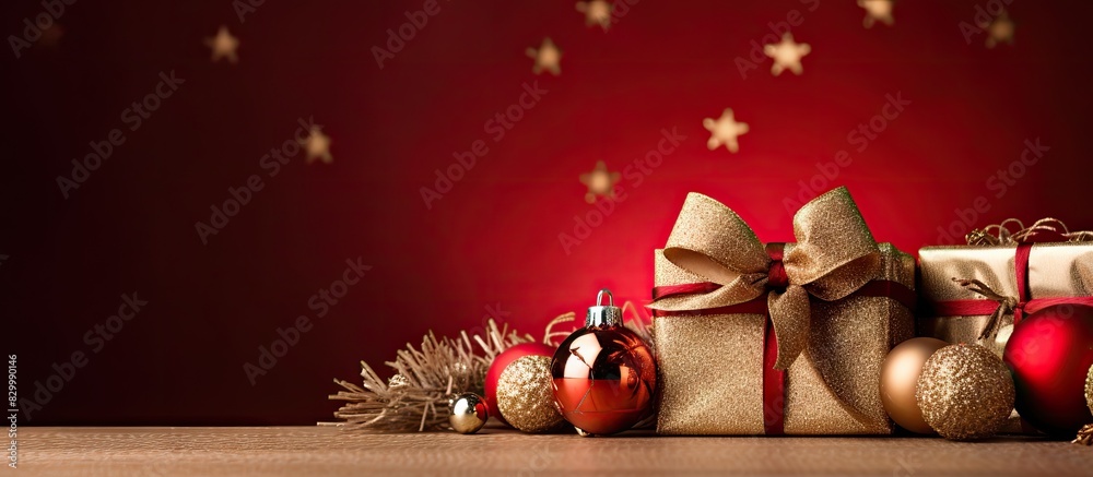Poster closeup of christmas gifts decorations and rope on a color background with copy space image