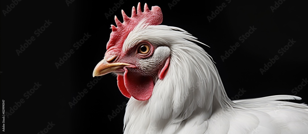 Poster A close up image of a white chicken with a black and white color scheme giving it a distinct and striking appearance The photo has ample copy space for text or additional elements