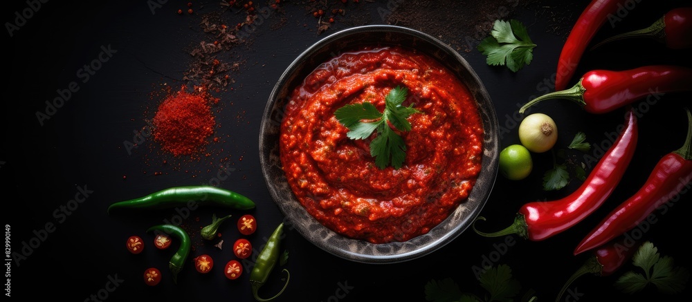 Poster a bowl of homemade rose harissa sauce made with hot chili peppers captured in a top view flat lay on