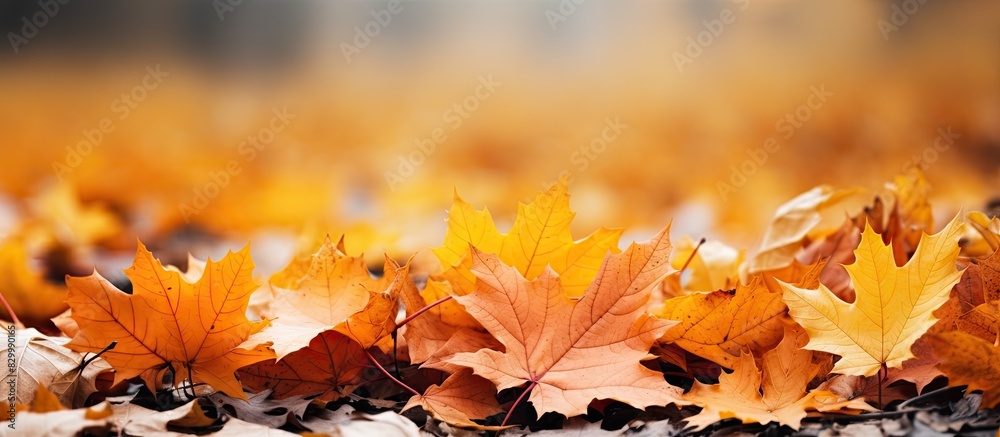Poster on the ground there are vibrant dry maple leaves depicting the colors of autumn in a copy space imag