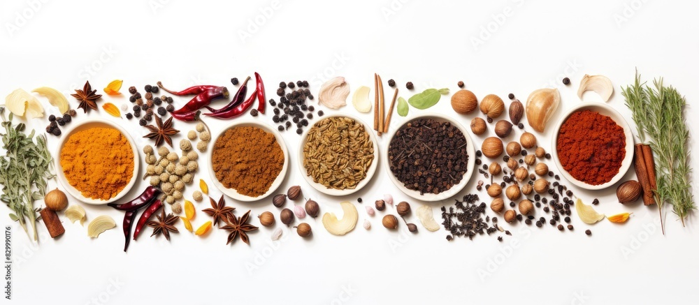 Poster a white background with an assortment of spices herbs and utensils creates a food themed copy space 