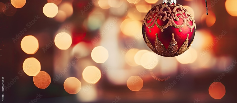Poster a festive red bauble hanging on a beautifully decorated christmas tree the image has a retro filter 