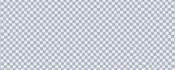 Trippy checkerboard background. Retro psychedelic checkered wallpaper. Wavy groovy chessboard surface. Distorted geometric pattern. Abstract monochrome backdrop