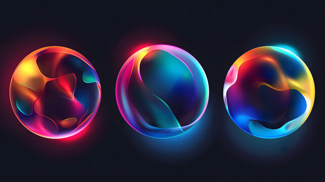 Poster collection with abstract colorful gradient sphere. Glowing vibrant liquid gradient shape on dark background. Design template for flyer, social media, banner, placard. Vector ill. Generative AI.