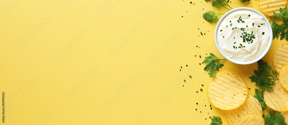 Poster A copy space image featuring a flat lay of potato crisps and sour cream and chive dip on a yellow background