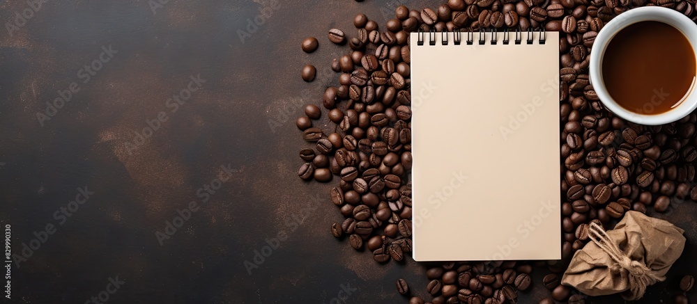 Poster Isolated copy space image of vintage blank notebook with coffee beans and soap