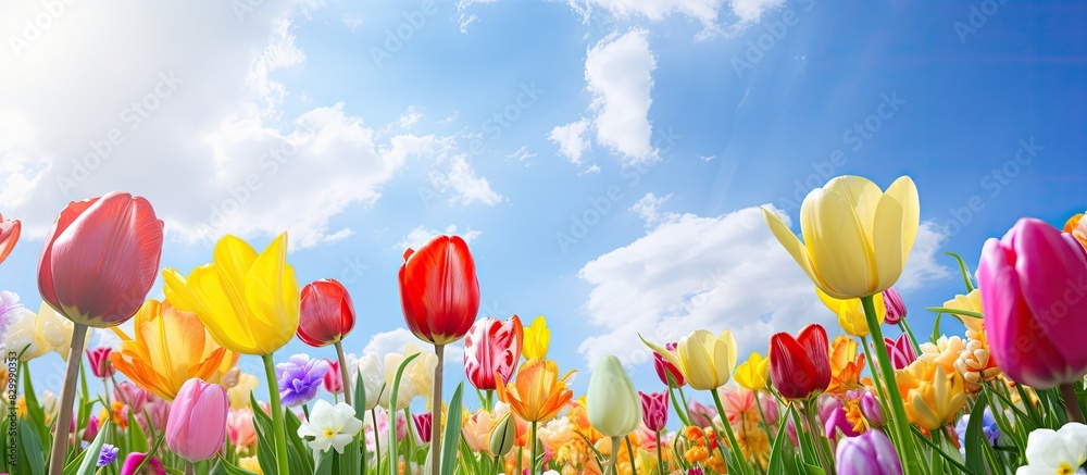 Aufkleber The garden is filled with vibrant tulip flowers creating a colorful and visually appealing scene Enjoy a lovely day surrounded by this beautiful copy space image