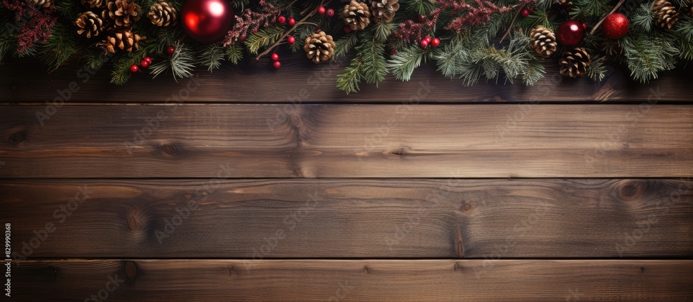 Poster close up of a wooden desk with a striped timber surface adorned with christmas decorations such as f