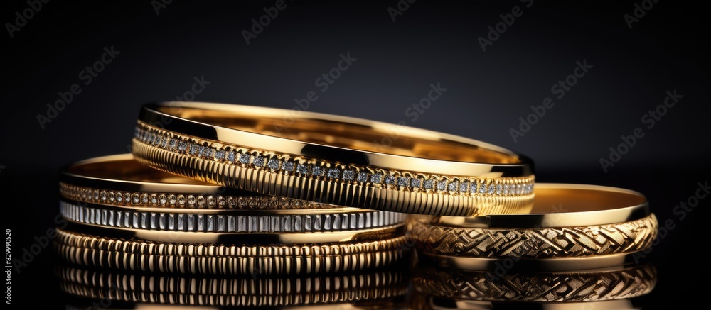 Aufkleber A collection of contemporary gold bracelets and rings displayed on a sleek black surface with empty space for the image. with copy space image. Place for adding text or design
