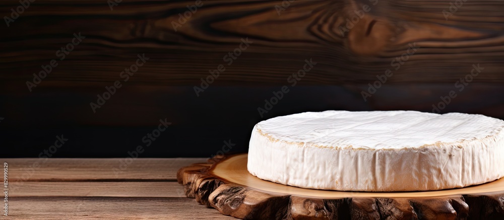 Poster copy space image of camembert cheese displayed on a rustic wooden cutting board