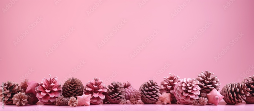 Poster an autumn themed composition featuring christmas pine cones arranged on a pink background serving as