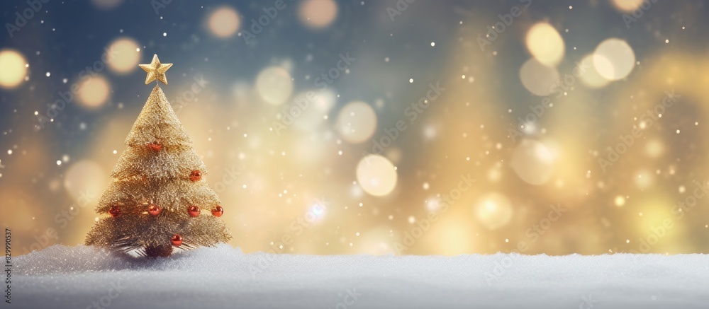 Poster A festive Christmas composition featuring a small decorative fir tree adorned with twinkling bokeh lights Copy space image