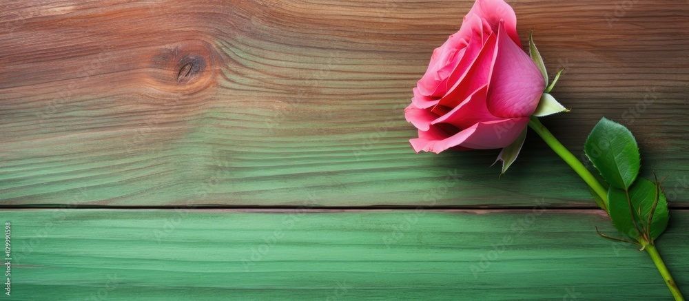 Poster In a full frame view a colorful background texture of green stained wood is complemented by a single rose colored wood plank border at the top creating an excellent copy space image