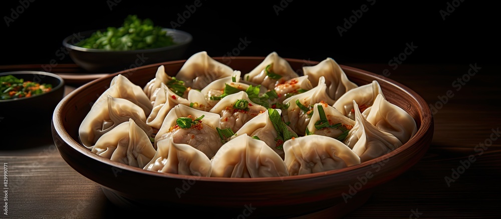 Poster delicious dumplings arranged in a bowl on a dark background with ample copy space for an image