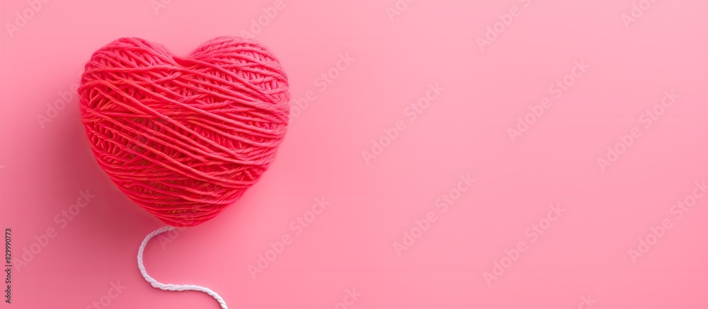 Poster Copy space image of a heart shaped wool ball contrasting against a colorful background Symbolizing love and crochet this minimal Valentine s Day concept features a greeting card and a flat lay display