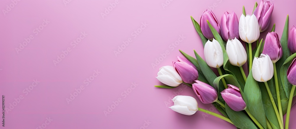 Poster A collection of purple and white tulips arranged in a bouquet is shown from above placed on a pink background The image is suitable for a greeting card and contains copy space