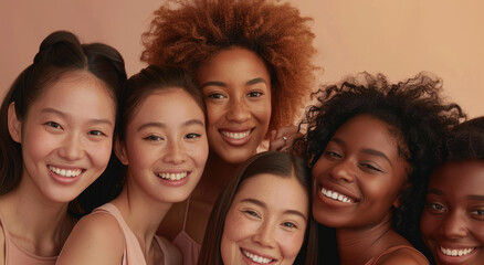 A diverse group of women, each representing different ethnicities and skin tones, posing together for an advertising campaign featuring beauty products with natural ingredients