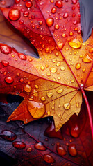 Obraz premium Macro shot of an orange and red autumn leaf with water droplets, showcasing the vivid colors and natural beauty.