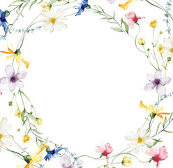 Watercolor painted floral wreath. Yellow, blue, white and pink wild flowers. Circular shape frame. Template illustration.
