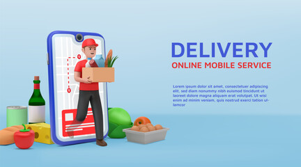 Online supermarket. 3D grocery shop. Mobile application. Product delivery from market basket. Phone app. Courier traffic route. Express shipment. Order logistics. Vector banner design