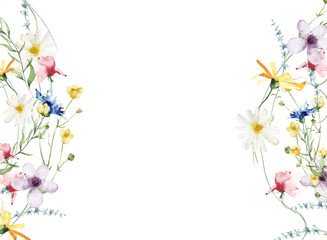 Watercolor painted floral frame. Yellow, blue, white and pink wild flowers. Template summer meadow illustration.