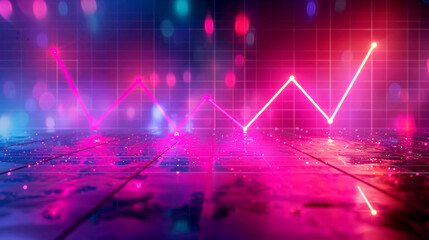A neon graph on a grid background with pink and purple lights, symbolizing data visualization and digital technology.