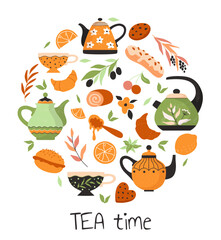 Tea time. Hot beverage and pastry. Sweet desserts. Ceramic teapot and cup with saucer. Plant leaves. Kitchen utensil. Delicious biscuits. Porcelain mugs. Circle frame. Vector teatime banner