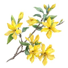 Beautiful Blooming Forsythia Flowers on Branches with Green Leaves