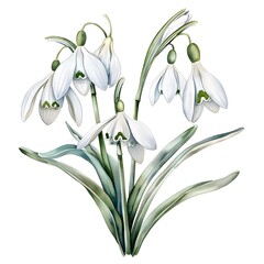 Delicate Snowdrop Flower in Watercolor on White Background