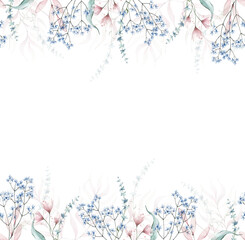 Watercolor Pink and blue wild flowers, branches, leaves and twigs. Hand painted floral horizontal seamless border frame. Floral gentle template.