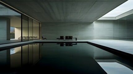 Expansive Architectural Minimalist Empty Interior with Reflective Pool