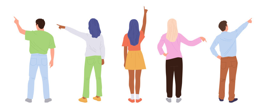 Back view of adult people cartoon characters pointing finger with indicating, demonstrating gesture