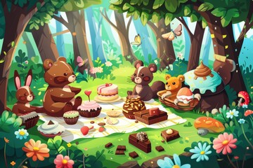 Naklejka premium Whimsical Cartoon Animals Enjoying Chocolate Picnic in Forest - Playful & Colorful Illustration for Card, Poster, Print Design