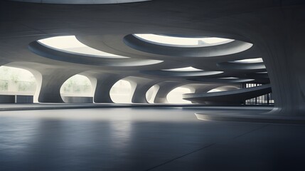 Futuristic Concrete Architecture with Expansive Parking Garage Interior and Empty Cement Floor