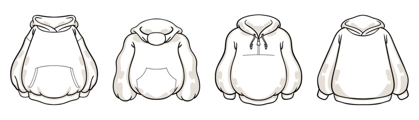 Obraz premium Sweatshirt template. T-shirt design. Clothing with hood and pocket. Outline sweater. Graphic pullover. Oversize sweat. White unisex apparel front view. Vector flat clothes models set