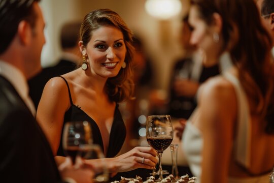 Elegant Chocolate Tasting Event with Guests in Formal Attire Sampling Fine Wines in a Refined Setting