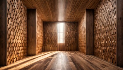 Patterned wooden board panels with brown acoustic panels, diffused light from windows, highlighting modern interior acoustic design