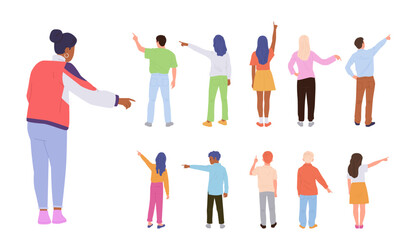Back view of different young adult people and children cartoon characters with pointing gesture